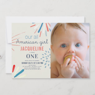 American Girl 4th of July 1st Birthday Photo Invitation