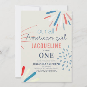 American Girl 4th of July Fireworks 1st Birthday Invitation