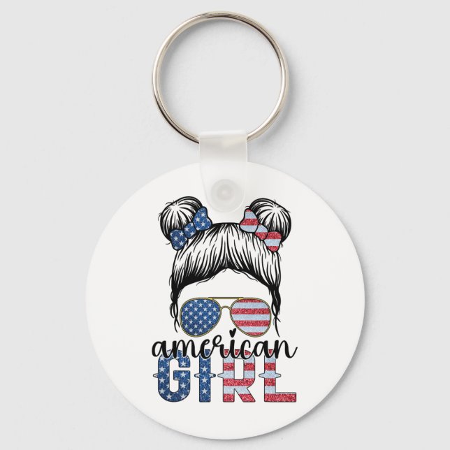 American Girl 4th Of July Messy Bun Usa Flag Ameri Key Ring (Front)