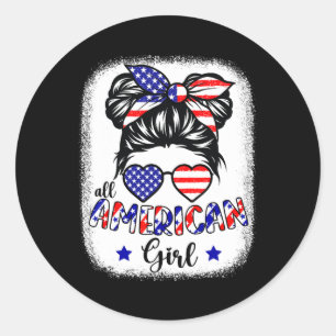 American Girl 4th Of July Shirt Women Messy Bun Us Classic Round Sticker