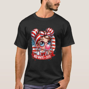 American Girl Messy Bun Hair Glasses Flag USA 4th  T-Shirt