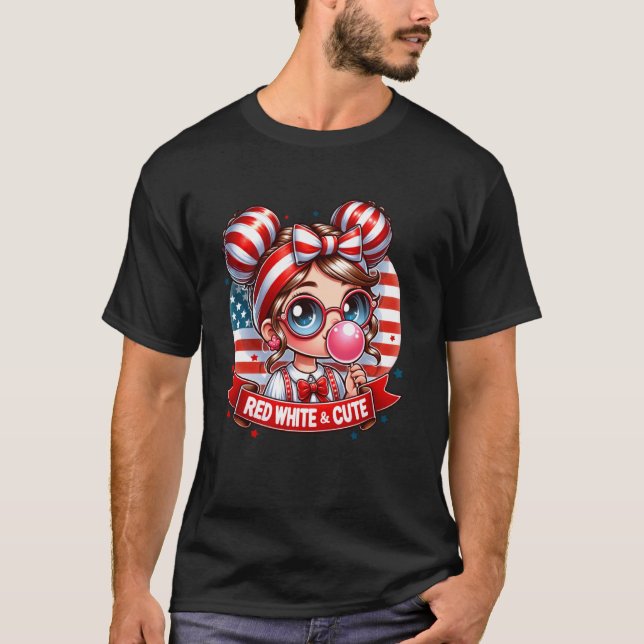 American Girl Messy Bun Hair Glasses Flag USA 4th  T-Shirt (Front)