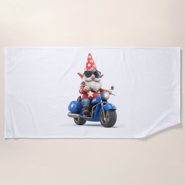 American Gnome Riding Motorcycle Beach Towel (Front)
