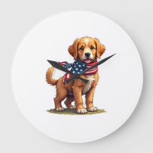 American Golden Puppy Vintage Patriotic Shirt 4 Large Clock