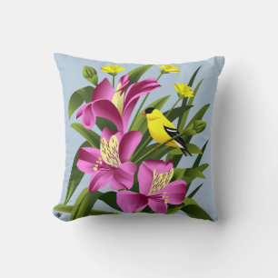 American Goldfinch and Alstroemeria Flowers Cushion