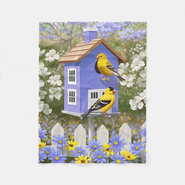 American Goldfinch Bird House Flower Garden Fleece Blanket (Front)