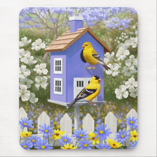 American Goldfinch Bird House Flower Garden Mouse Mat
