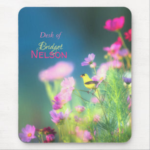 American Goldfinch Bird Pink Cosmos Flowers Mouse Mat