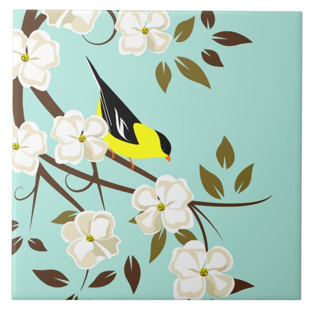 American Goldfinch On Flowering Dogwood Branch Tile (Front)