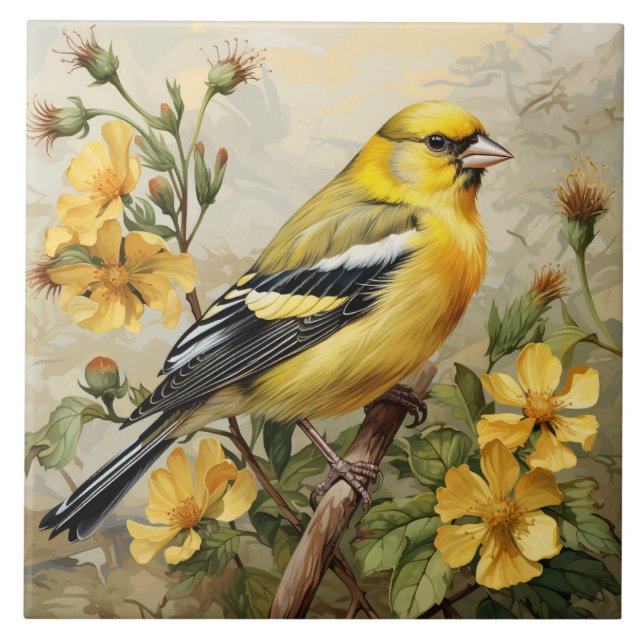 American Goldfinch Portrait, Yellow and Black Tile (Front)
