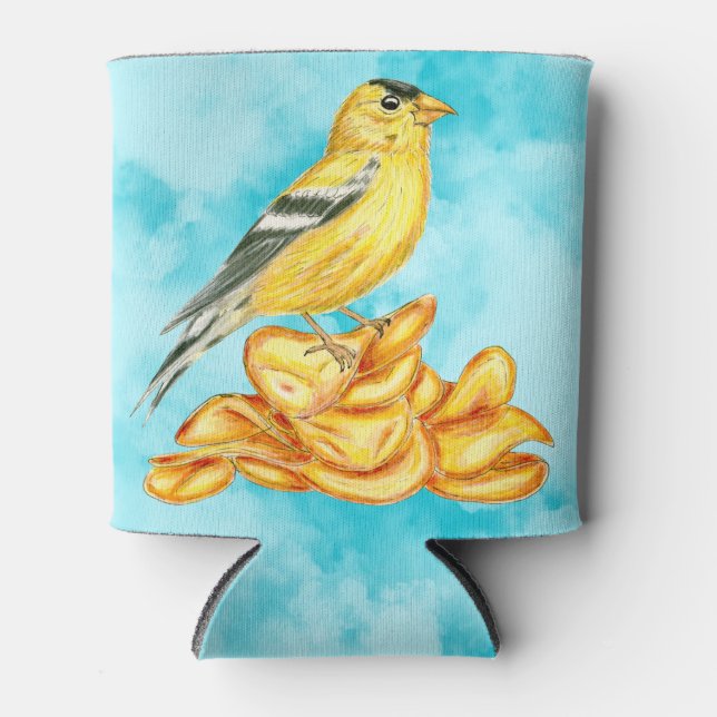 American Goldfinch Potato Chip Bird Illustration Can Cooler (Front)