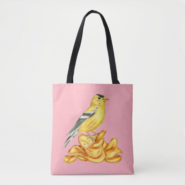 American Goldfinch Potato Chip Bird on Peach Tote Bag (Front)