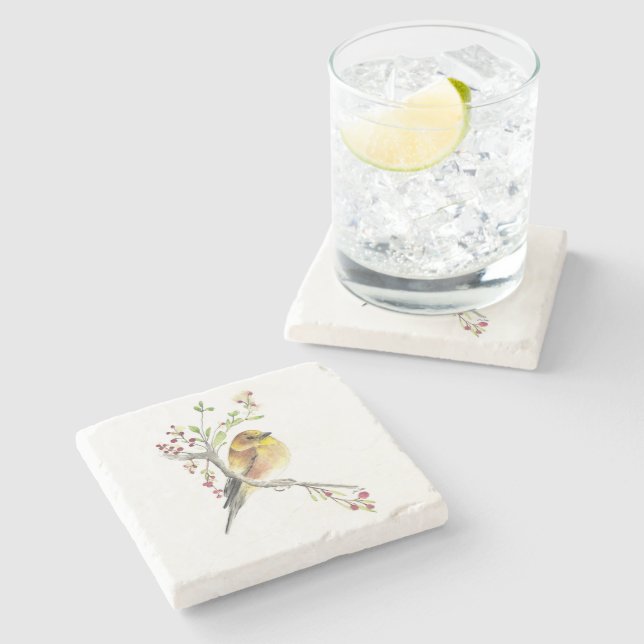American Goldfinch Watercolor Art Stone Coaster (Side)