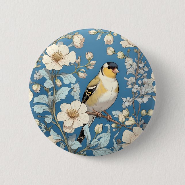 American Goldfinch William Morris Inspired 6 Cm Round Badge (Front)