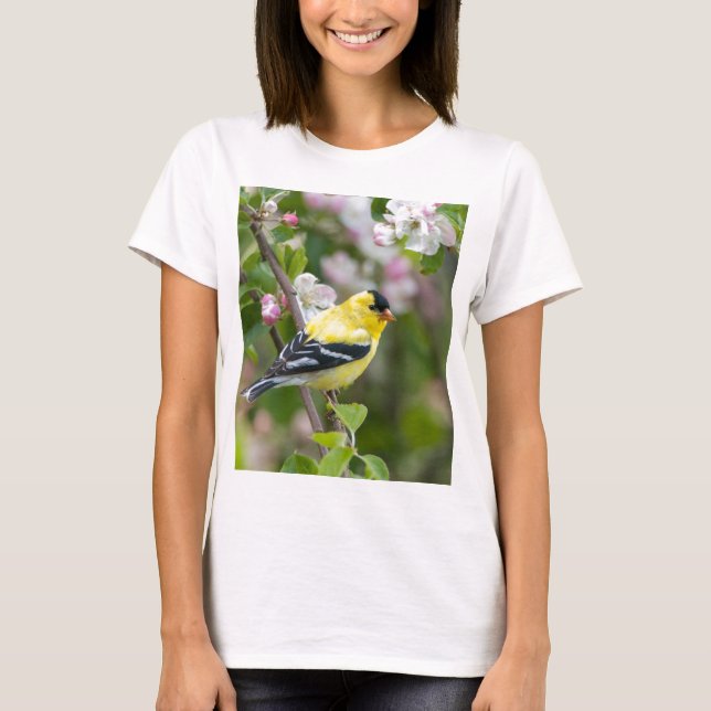 American Goldfinch with spring apple blossoms T-Shirt (Front)