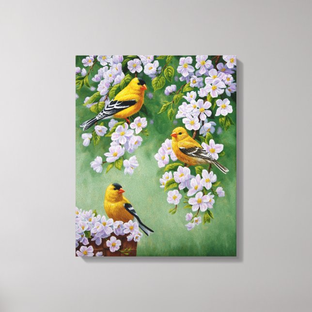 American Goldfinches & Pink Apple Blossoms Canvas Print (Front)