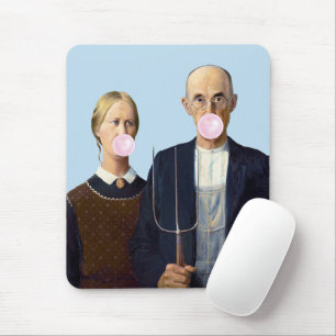American Gothic blowing pink bubble gum Mouse Mat