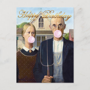 American Gothic Blowing Pink Bubble gum Postcard