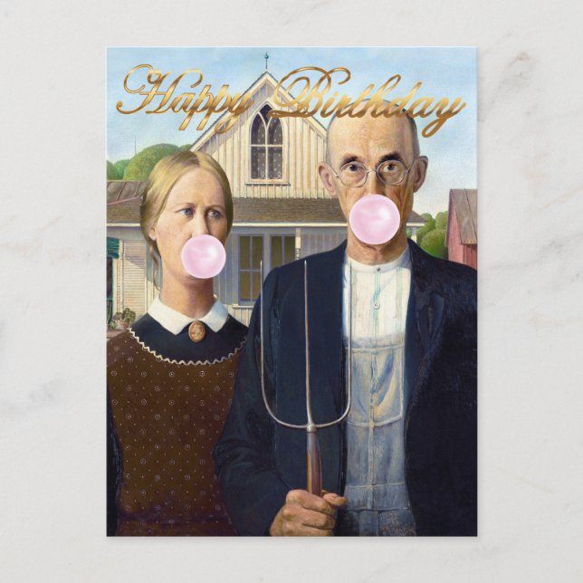 American Gothic Blowing Pink Bubble gum Postcard (Front)