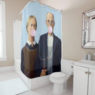 American Gothic blowing pink bubble gum Shower Curtain