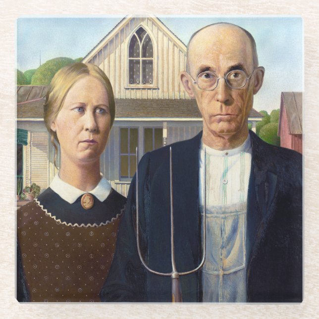 American Gothic Classic Painting Grant Wood Glass Coaster (Front)