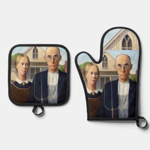 American Gothic Classic Painting Grant Wood Oven Mitt & Pot Holder Set