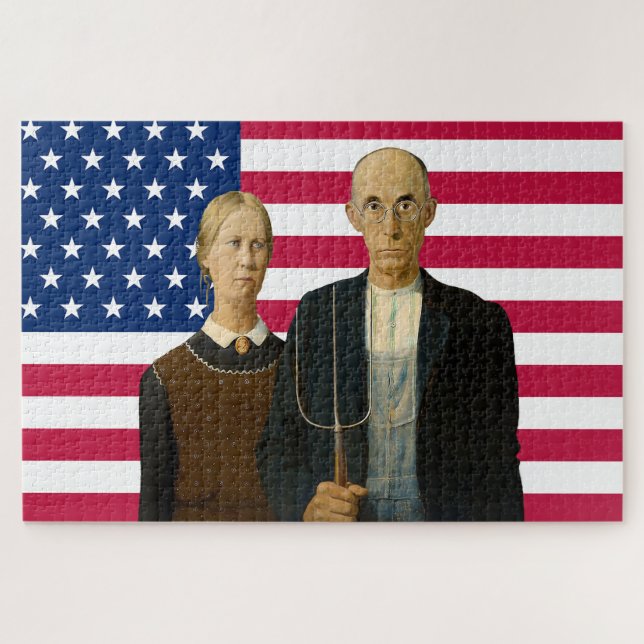 American Gothic Farmers USA American Flag   Jigsaw Puzzle (Horizontal)