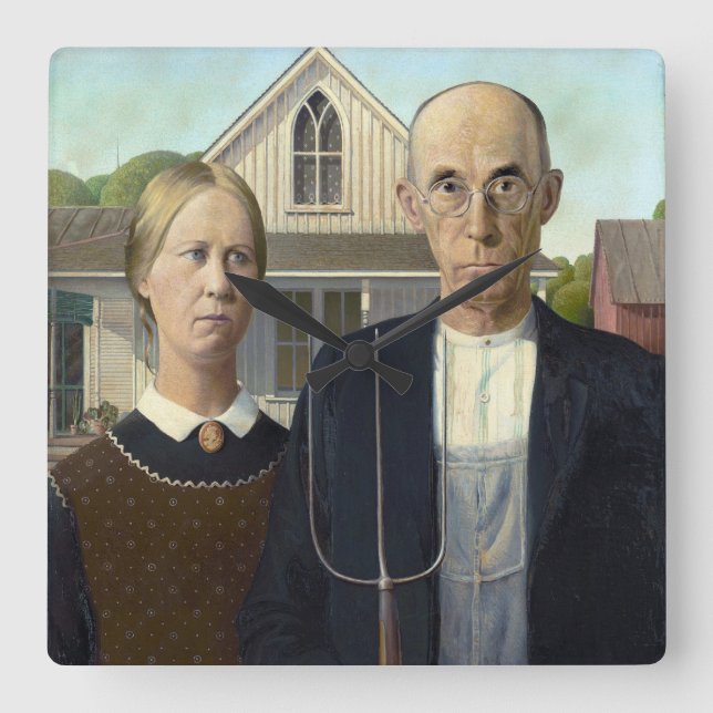 American Gothic Painting by Grant Wood Square Wall Clock (Front)