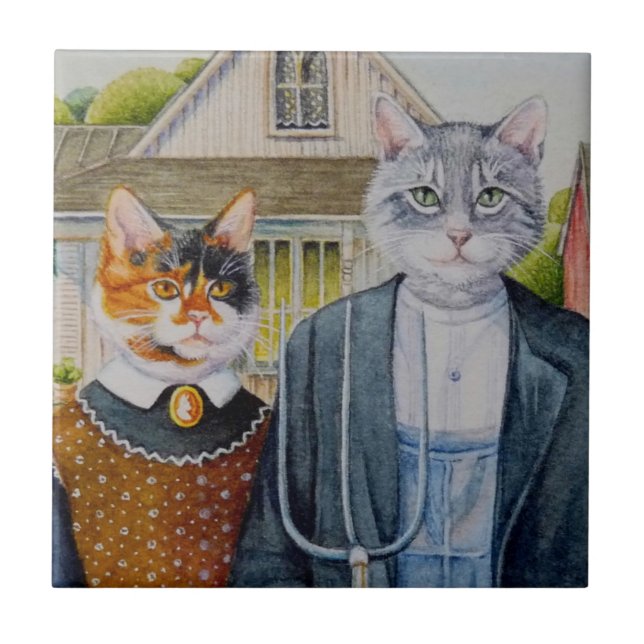 American Gothic Parody Painting Watercolor Art Tile (Front)