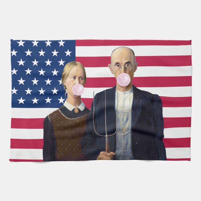 American Gothic Pink Bubble gum USA Flag  Tea Towel (Horizontal)