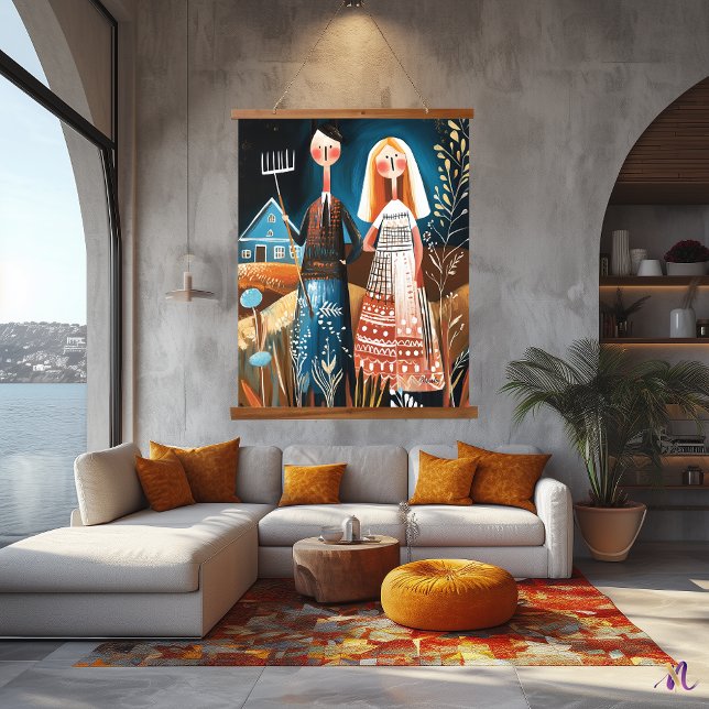 American Gothic Reimagined: Whimsical Abstract Art Hanging Tapestry (Creator Uploaded)