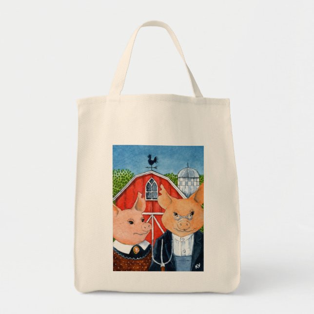 American Gothic spoof, pigs, barn, farm Tote Bag (Front)