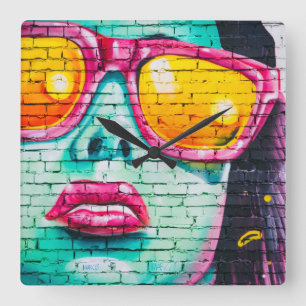 American Graffiti Drawing Paint Sketch Writing Square Wall Clock