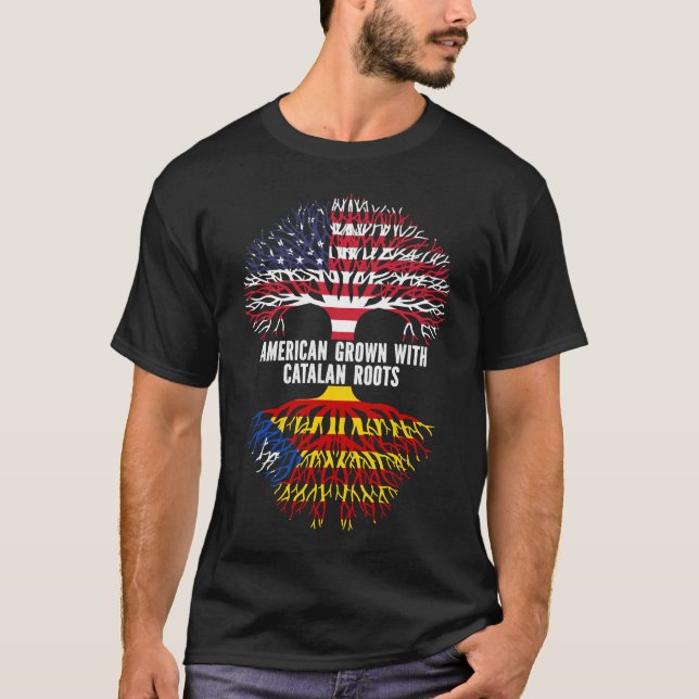 American Grown with Catalan Roots USA Flag T-Shirt (Front)