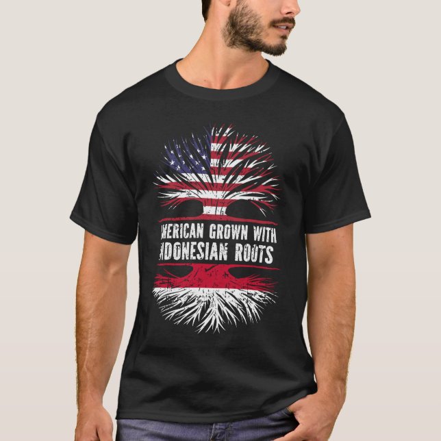 American Grown with Indonesian Roots USA Flag T-Shirt (Front)