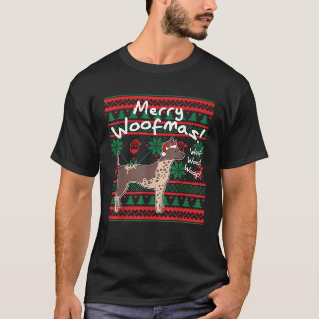 American Hairless Terrier Dog Merry Woofmas xmas d T-Shirt (Front)