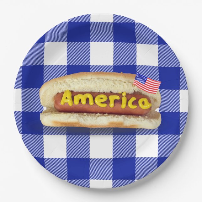 American Hot Dog on Buffalo Plaid Paper Plate (Front)