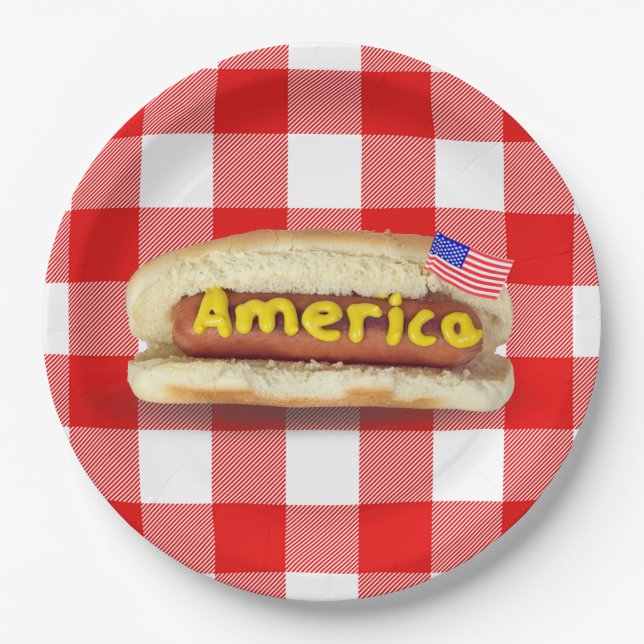 American Hot Dog on Buffalo Plaid Paper Plate (Front)