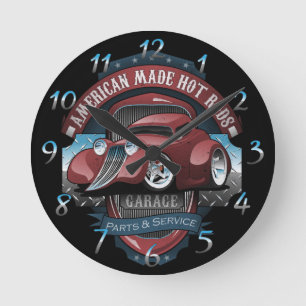 American Hot Rods Garage Vintage Car Sign Cartoon Round Clock
