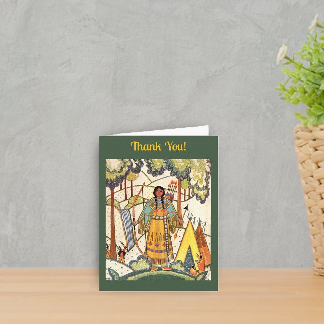 American Indian Lady in Forest Tepee dark Green Thank You Card (American Indian village in forest woman tepee embroidered look green Thank You Card.)