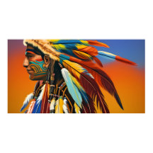 American Indian Man feathers Orange blue tattoo