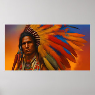 American Indian Man feathers Vintage Poster