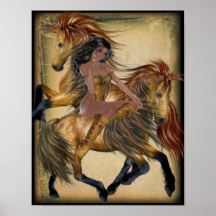 American Indian Princess and Horses Poster
