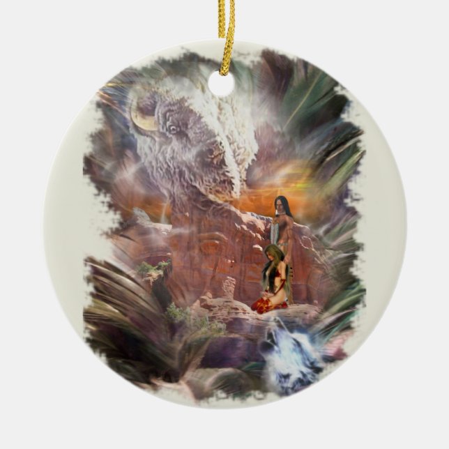 American Indian Wedding Night Vignette Ceramic Tree Decoration (Front)