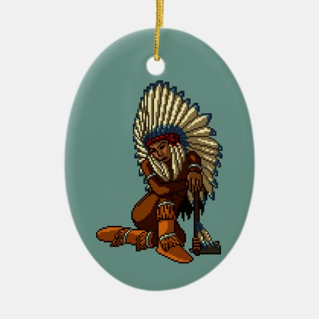 American Indian Woman Feather Tomahawk Pixel Ceramic Tree Decoration (Front)