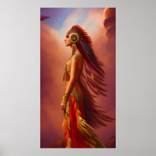 American Indian woman red gold dress feather 2 Poster