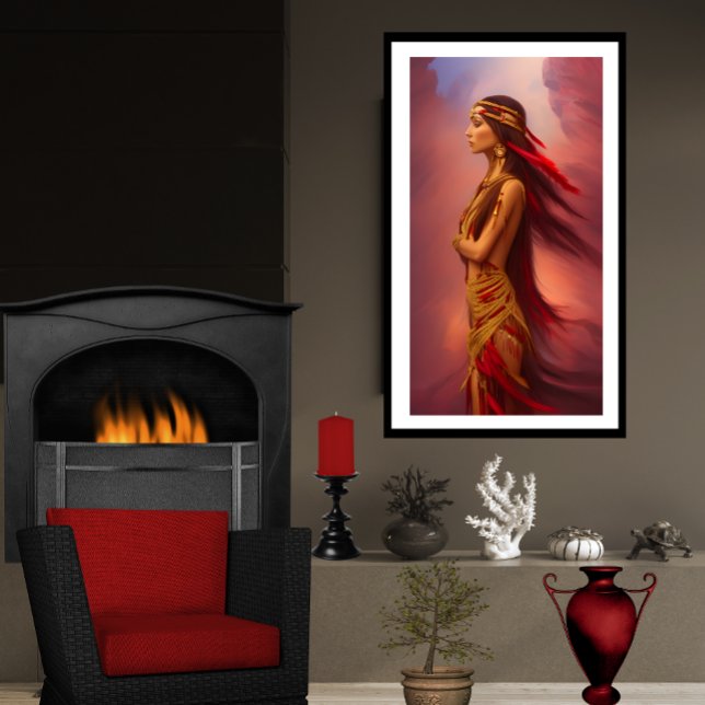 American Indian woman red gold dress feathers Poster (Creator Uploaded)