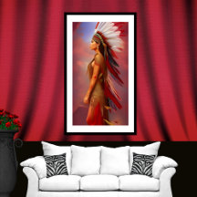 American Indian woman red gold feathers blue