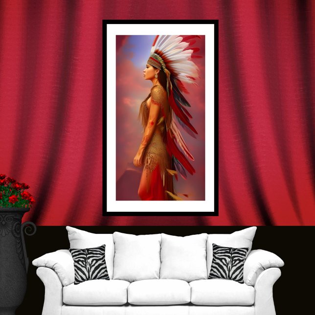 American Indian woman red gold feathers blue Poster (Creator Uploaded)