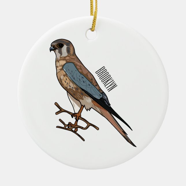 American kestrel bird cartoon illustration  ceramic tree decoration (Front)